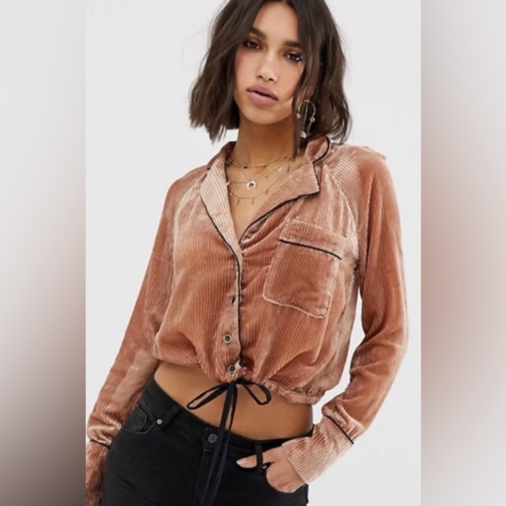 Free People Women's XS Velvet Button-Up Drawstring Top